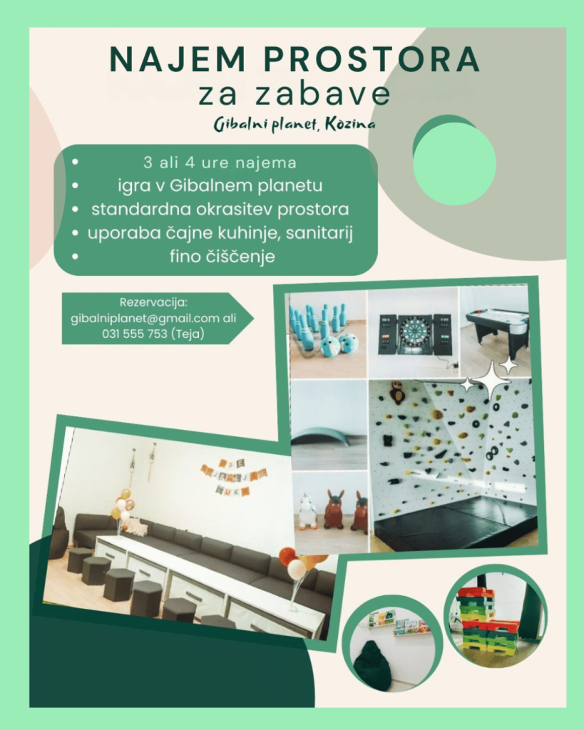 Topel, varen in igriv prostor za otroško praznovanje! V Gibalnem planetu Kozina lahko najamete prostor za praznovanje rojstnega dne.